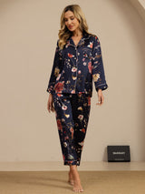 [Navy Floral] SilkSilky-UK Long Sleeve Lapel Collar Women's Pyjamas 004