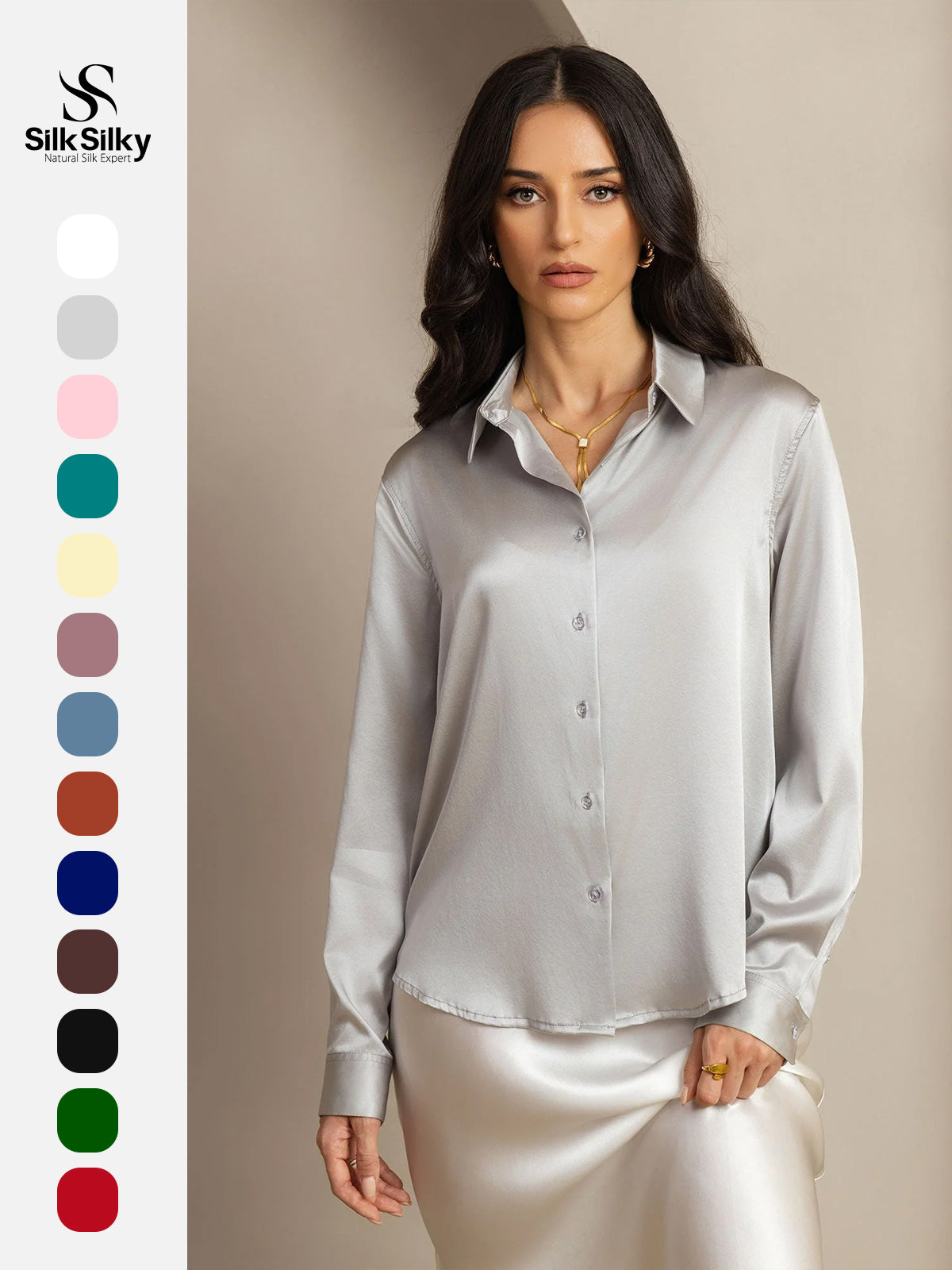 [Light Gray] SilkSilky-UK Silk Long Sleeve Collar Women's Shirt 001