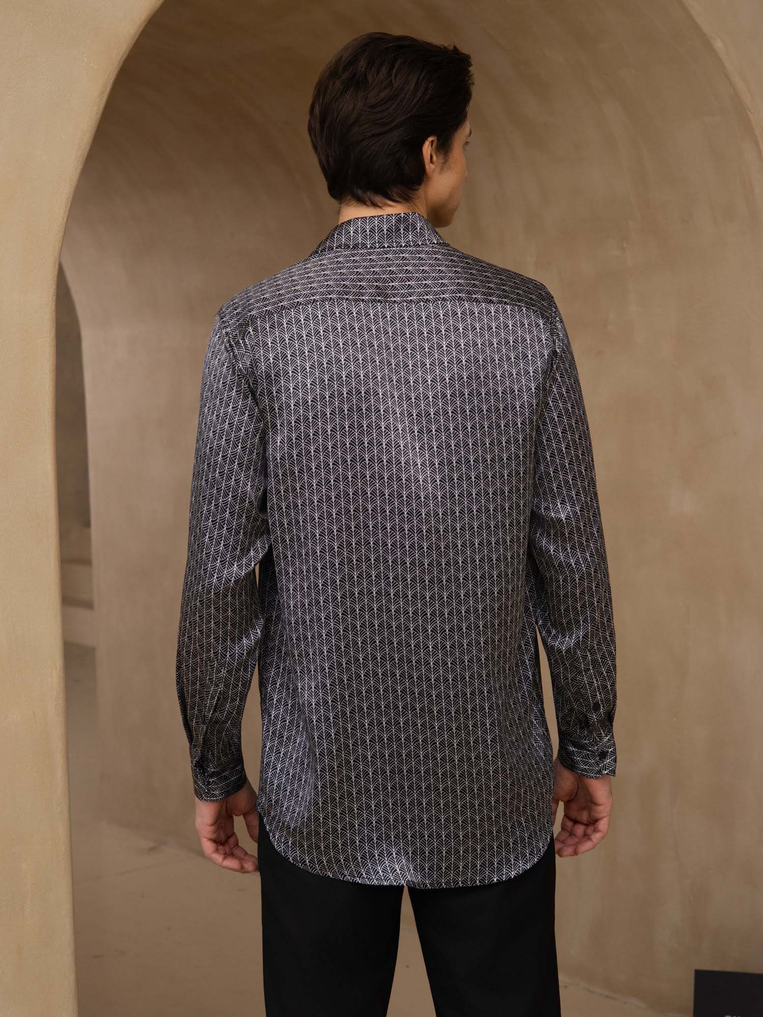 [Black Ginkgo] SilkSilky-UK Long Sleeve Lapel Collar Men's Shirt 002