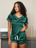 SilkSilky UK Pure Silk Short Sleeve V Neck Women's Pyjamas Green 005