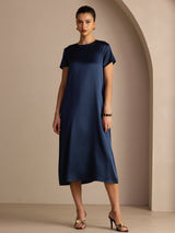 [Dark Blue] SilkSilky-UK Short Sleeve Round Neck Dress 001