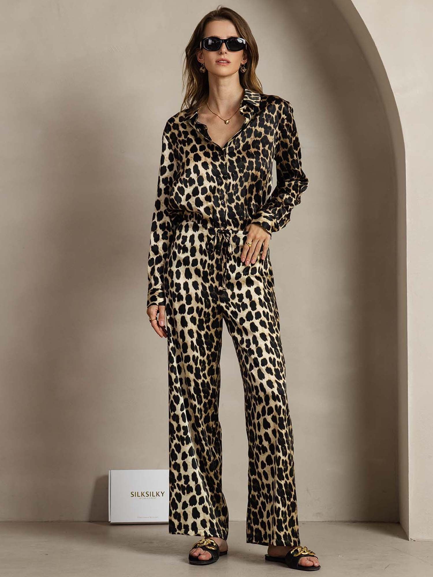 [Leopard] SilkSilky-UK 19Momme Silk Collar Women''s Outfit Sets 001