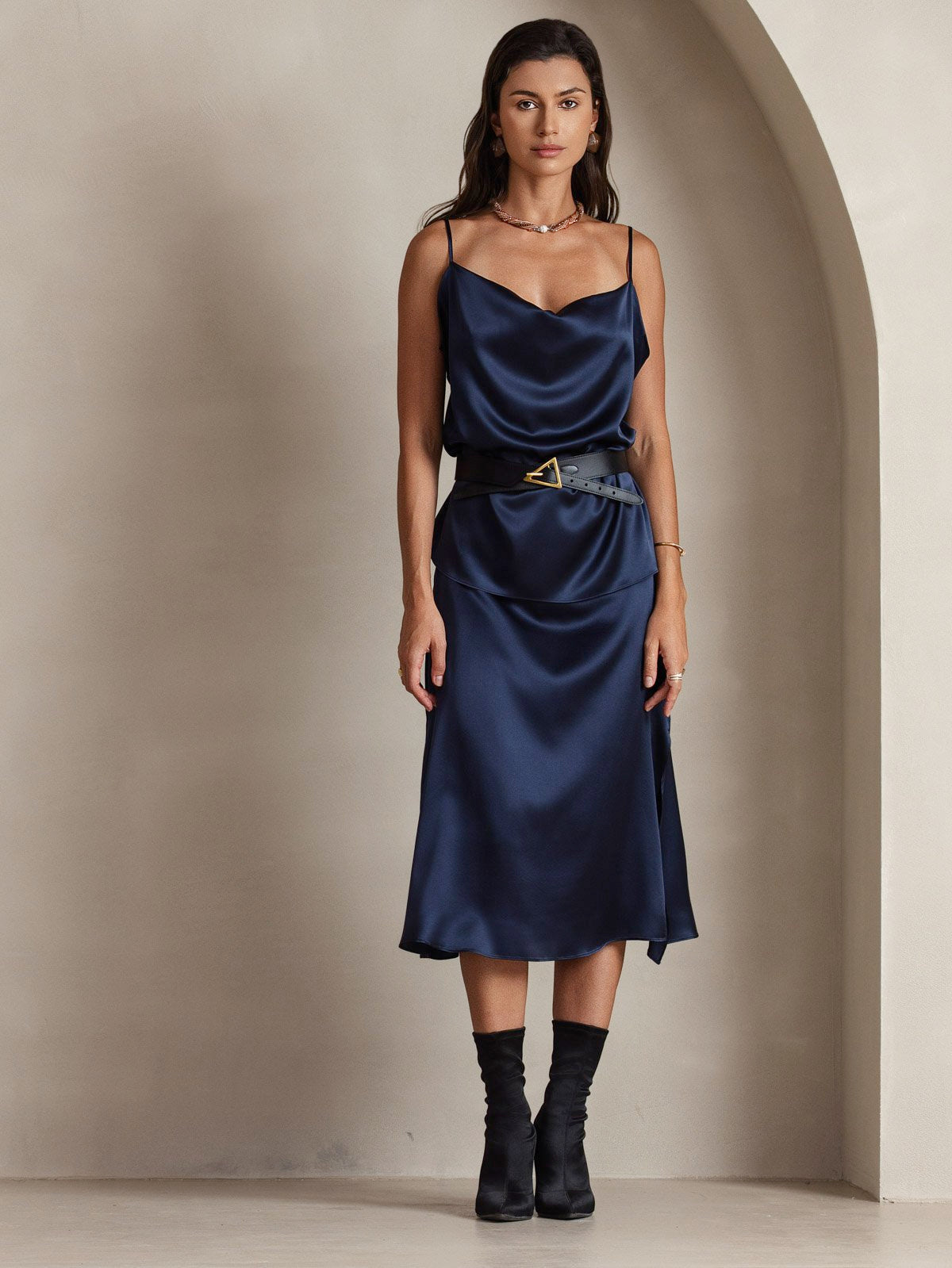 [Dark Blue] SilkSilky-UK 19Momme Silk Spaghetti Strap Cowl Neck Camisole 004