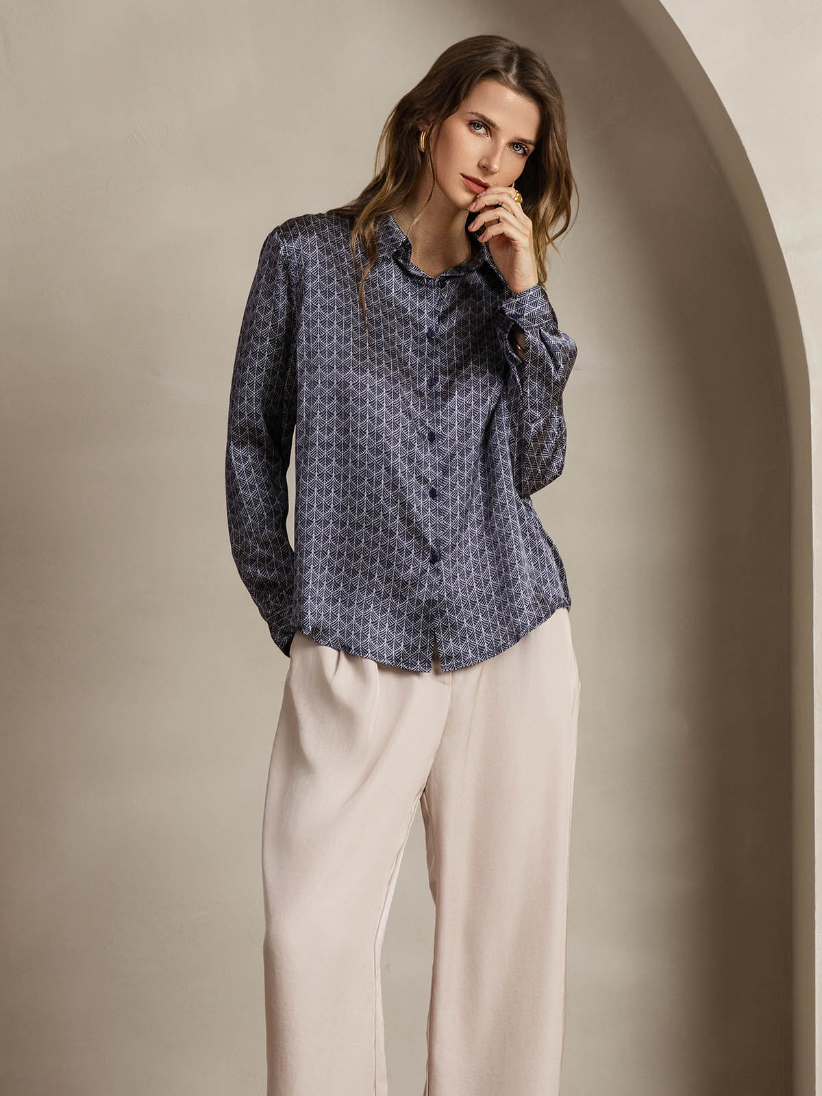 [Navy Ginkgo] SilkSilky-UK Silk Collar Women's Shirt 006