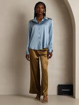 [Grayish Blue] SilkSilky-UK Long Sleeve Lapel Collar Women's Shirt 007