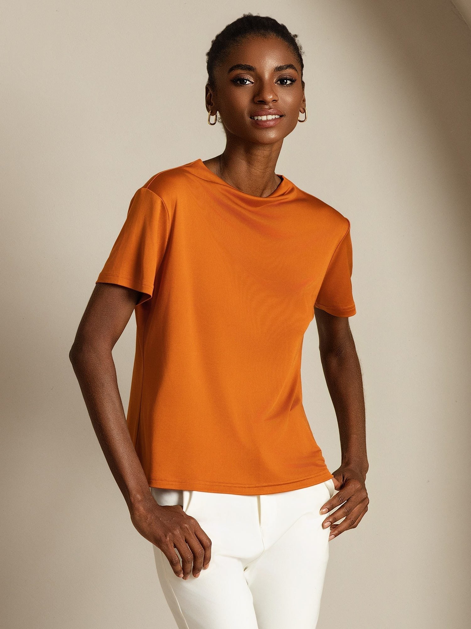 [Orange] SilkSilky-UK Pure Silk Collar Women's T-Shirt 006