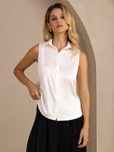 [White] SilkSilky-UK Sleeveless Lapel Collar Women's Shirt 003