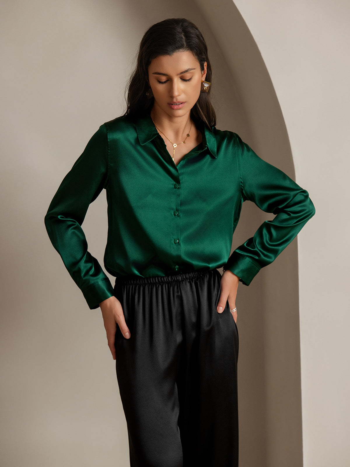 [Dark Green] SilkSilky-UK Silk Long Sleeve Collar Women's Shirt 006