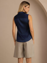 [Dark Blue] SilkSilky-UK Sleeveless Lapel Collar Women's Shirt 002