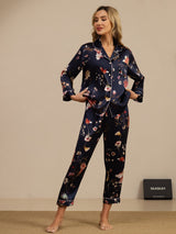 [Navy Floral] SilkSilky-UK Long Sleeve Lapel Collar Women's Pyjamas 003
