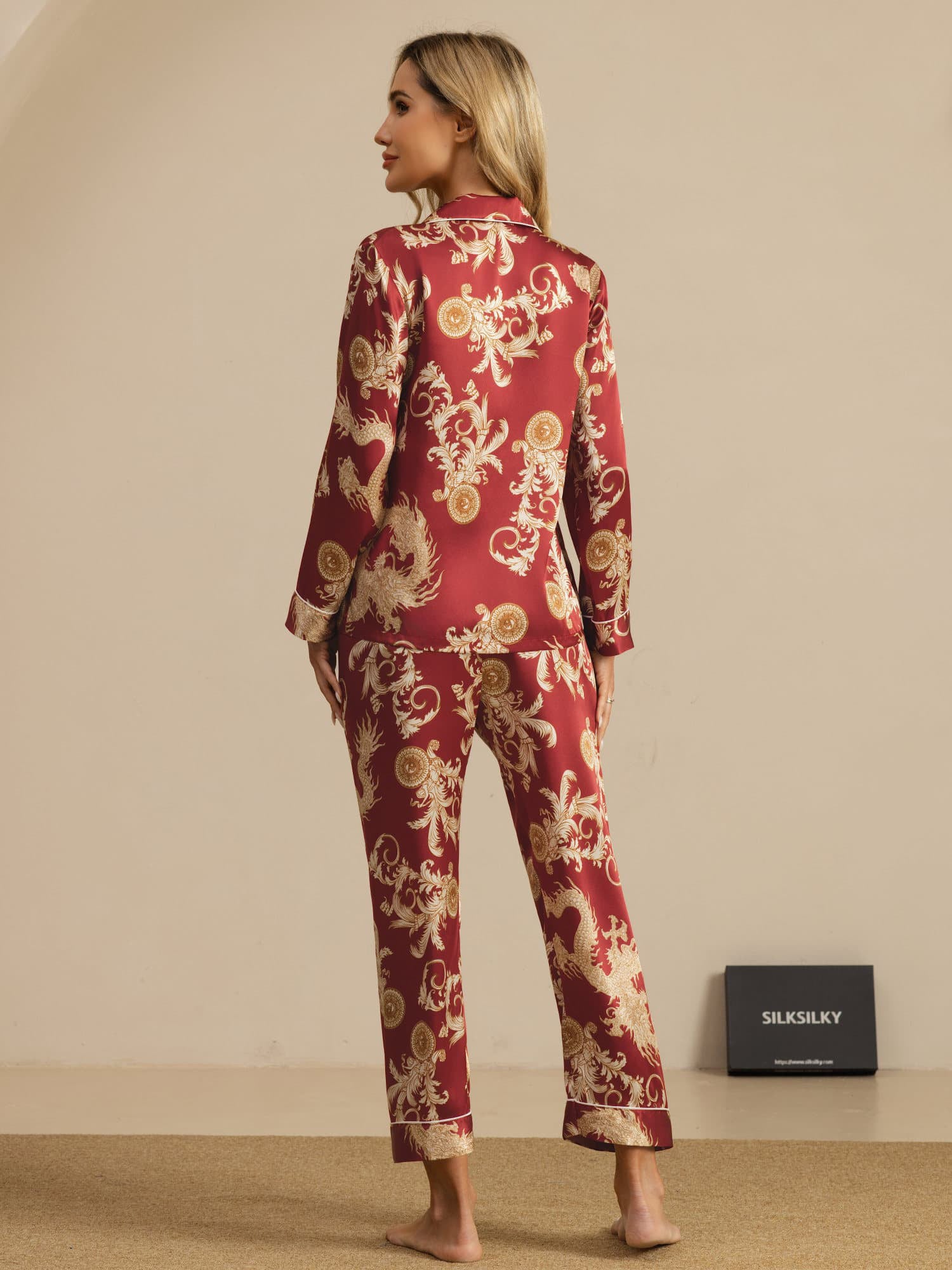 [Wine Dragon] SilkSilky-UK Long Sleeve Notch Collar Women's Pyjamas 002