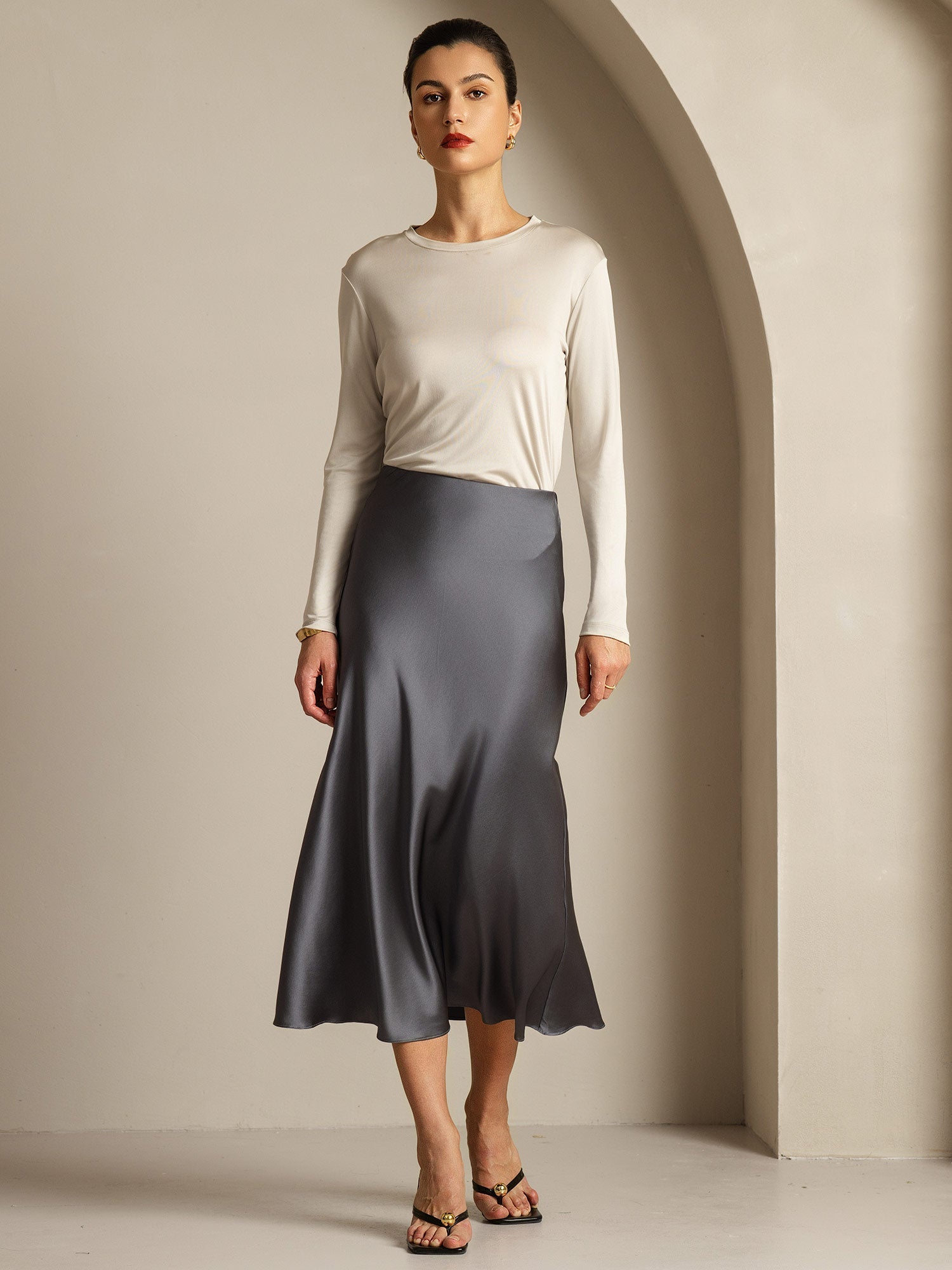 [Gray] SilkSilky-UK Pure Silk Womens T-Shirt 015,