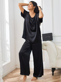 SilkSilky UK Pure Silk Short Sleeve V Neck Women's Pyjamas Black 005