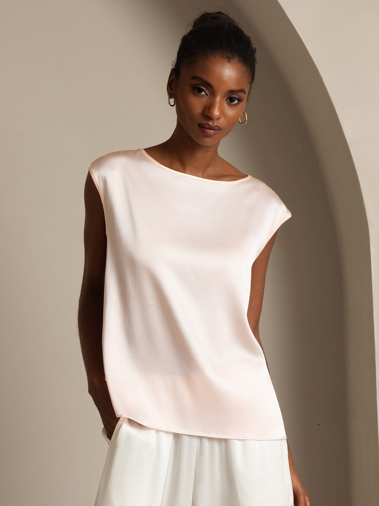 [Pink] SilkSilky-UK 19Momme Silk Round Neck Women's T-Shirt 001,