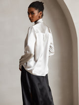 [Light Gray] SilkSilky-UK 19Momme Stretch Silk Charmeuse Long Sleeve Tie Neck Blouse 002