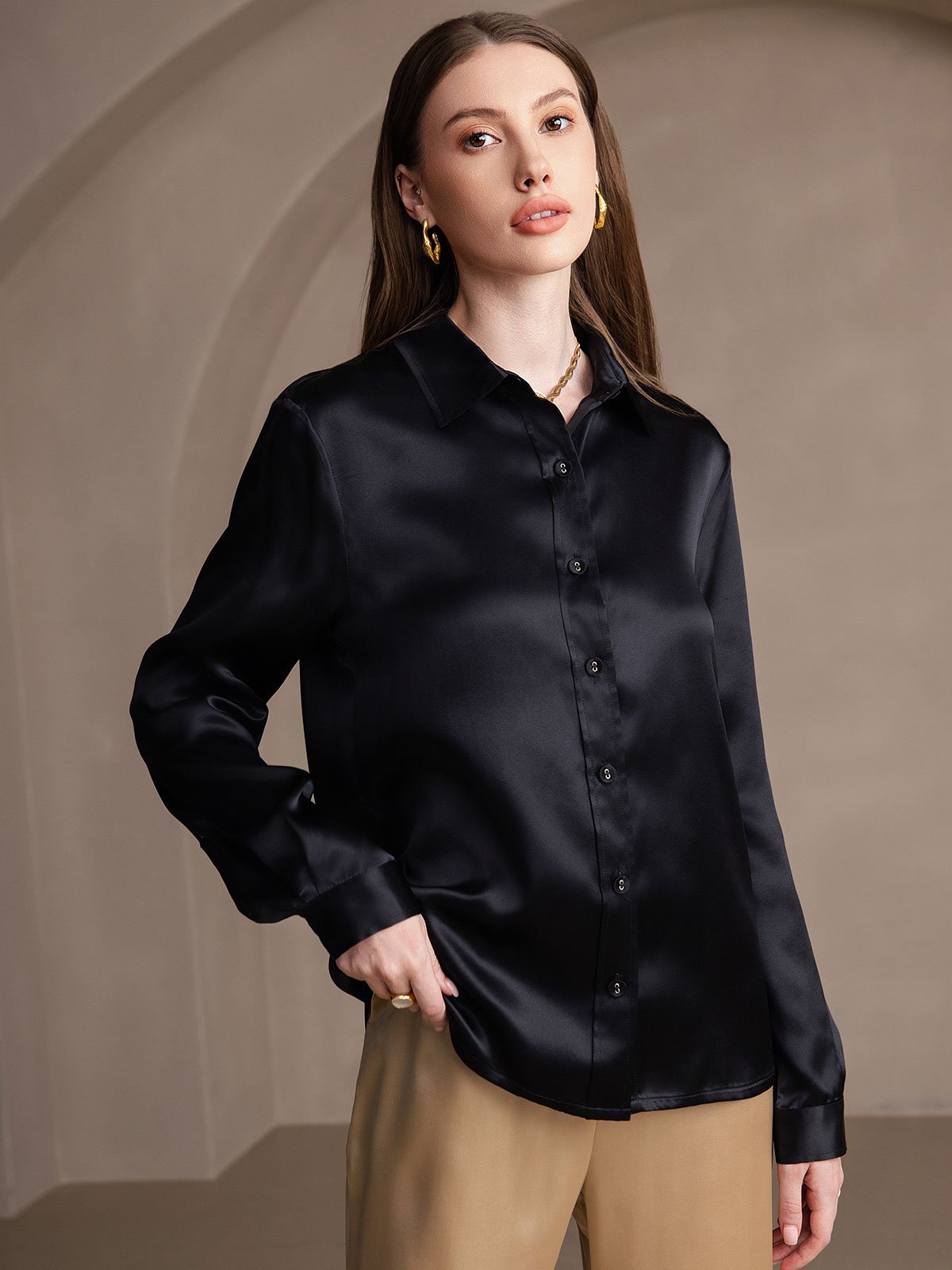 SilkSilky-UK 19Momme Silk Long Sleeve Collar Women's Shirt Black 003