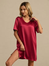 [Dark Red] SilkSilky-UK Half Sleeve V Neck Nightdress 004