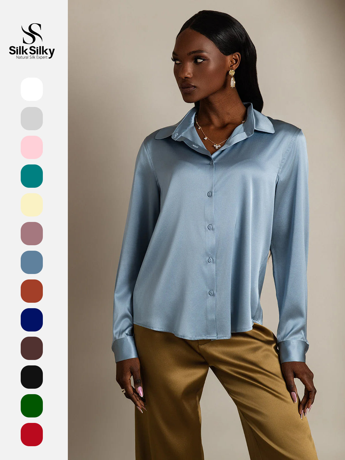 [Grayish Blue] SilkSilky-UK Silk Long Sleeve Collar Women's Shirt 001