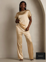 [Champagne] SilkSilky-UK Short Sleeve Boat Neck Women's T-Shirt 005