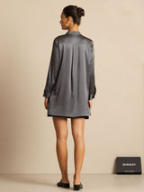 [Dark Gray] SilkSilky-UK 19Momme Stretch Silk Charmeuse Long Sleeve Stand Collar Blouse 002