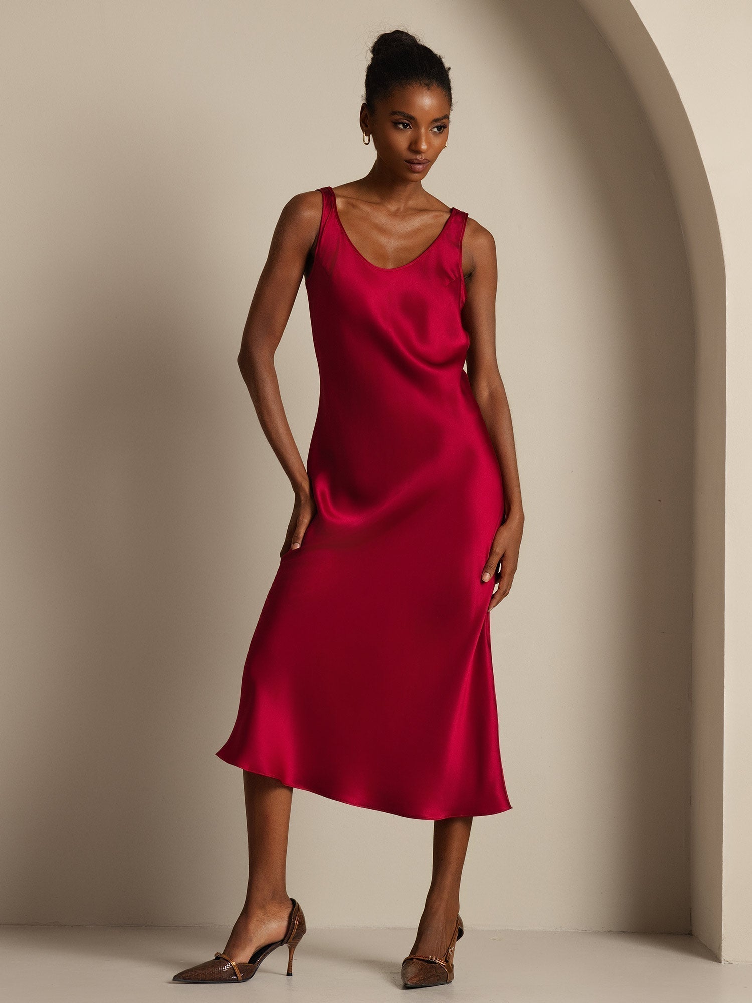 [Wine] SilkSilky-UK Pure Silk Boat Neck Dress 004,