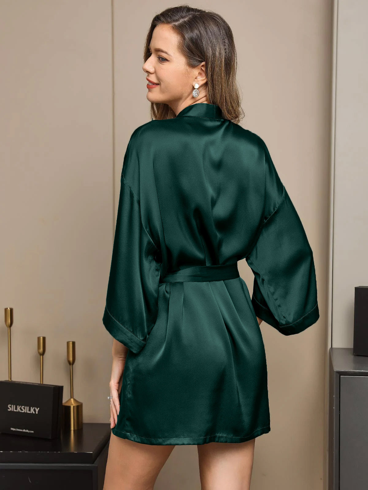[Dark Green] SilkSilky-UK Pure Silk 3/4 Sleeve Wrap Women's Dressing Gown 002
