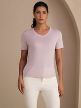 [Lavender] SilkSilky-UK Short Sleeve V Neck Women's T-Shirt 001