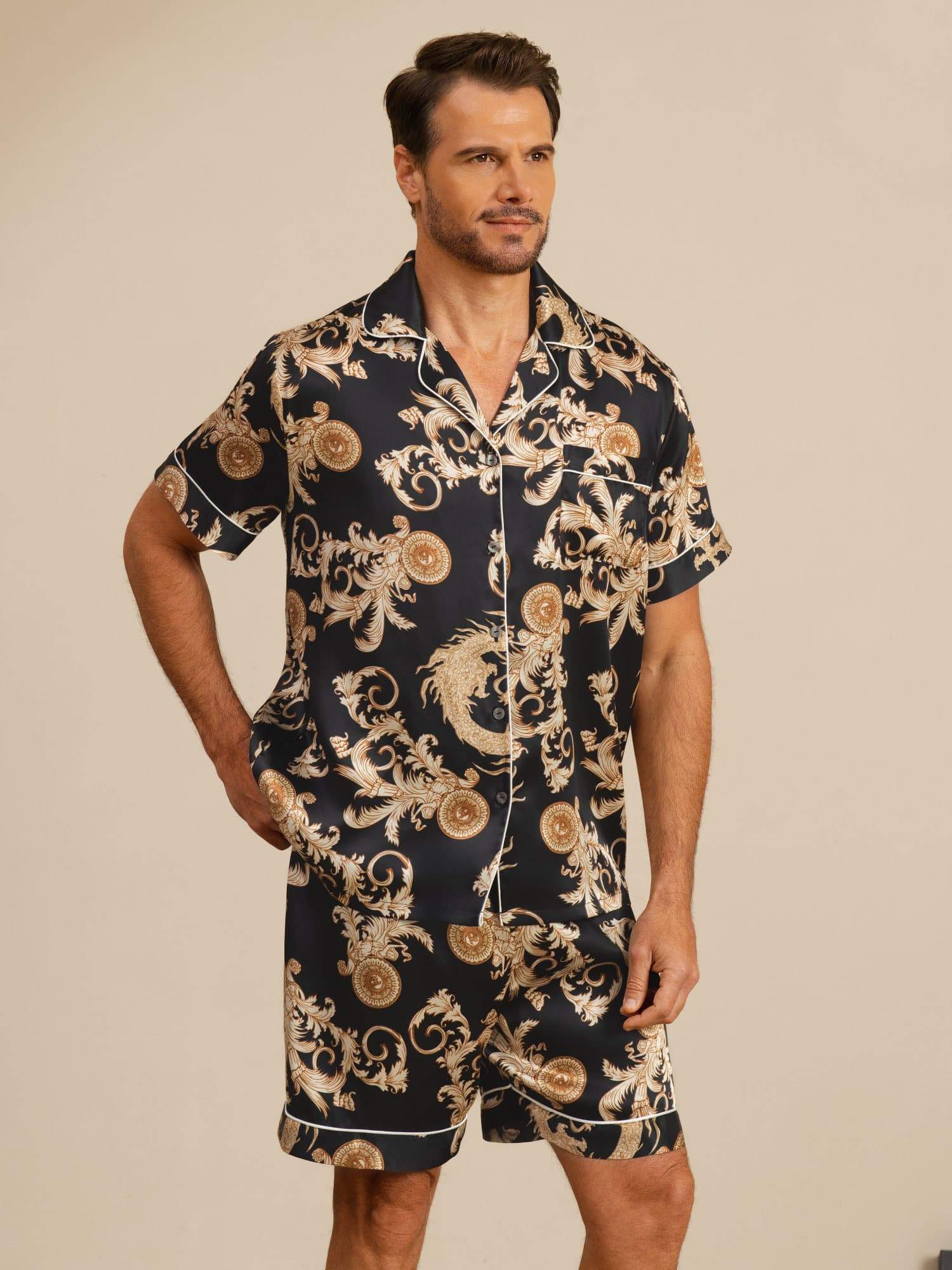 [Black Dragon] SilkSilky-UK Short Sleeve Notch Collar Men's Pyjamas 001