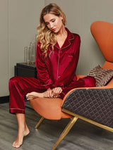 [Wine] SilkSilky-UK Long Sleeve Lapel Collar Women's Pyjamas 001
