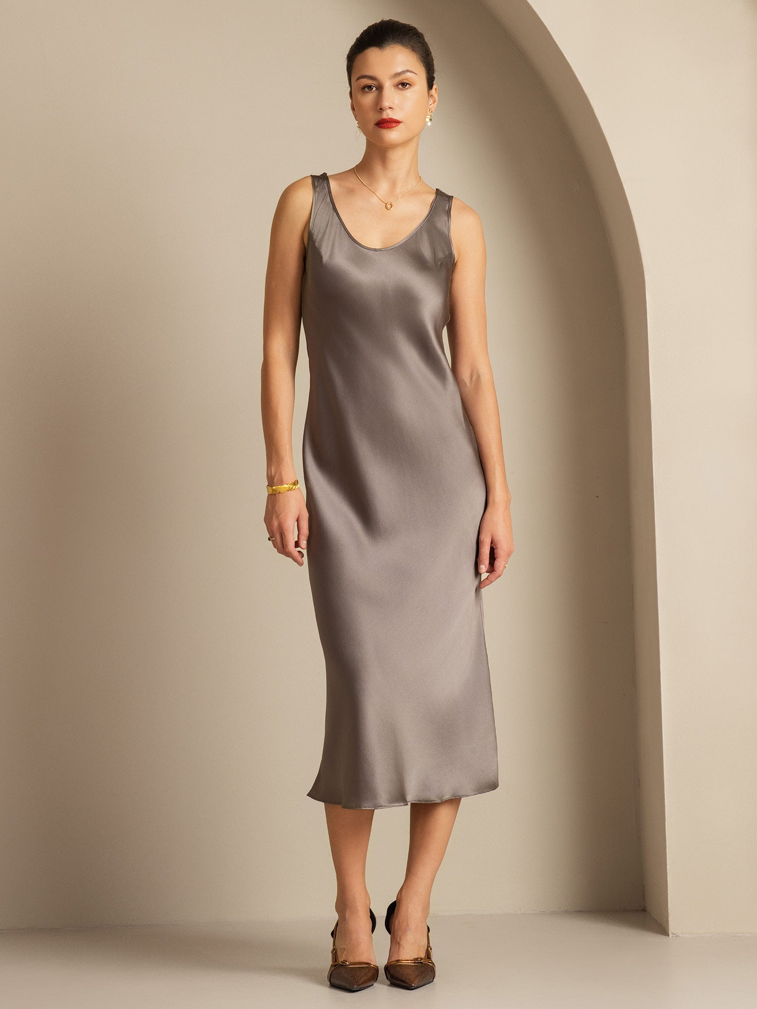 [Dark Khaki] SilkSilky-UK Pure Silk Boat Neck Dress 001,
