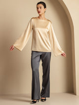 [Champagne] SilkSilky-UK Long Sleeve Boat Neck Blouse 008