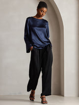[Dark Blue] SilkSilky-UK Long Sleeve Boat Neck Blouse 004