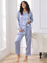[Steel Blue] SilkSilky-UK Long Sleeve Lapel Collar Women's Pyjamas 001