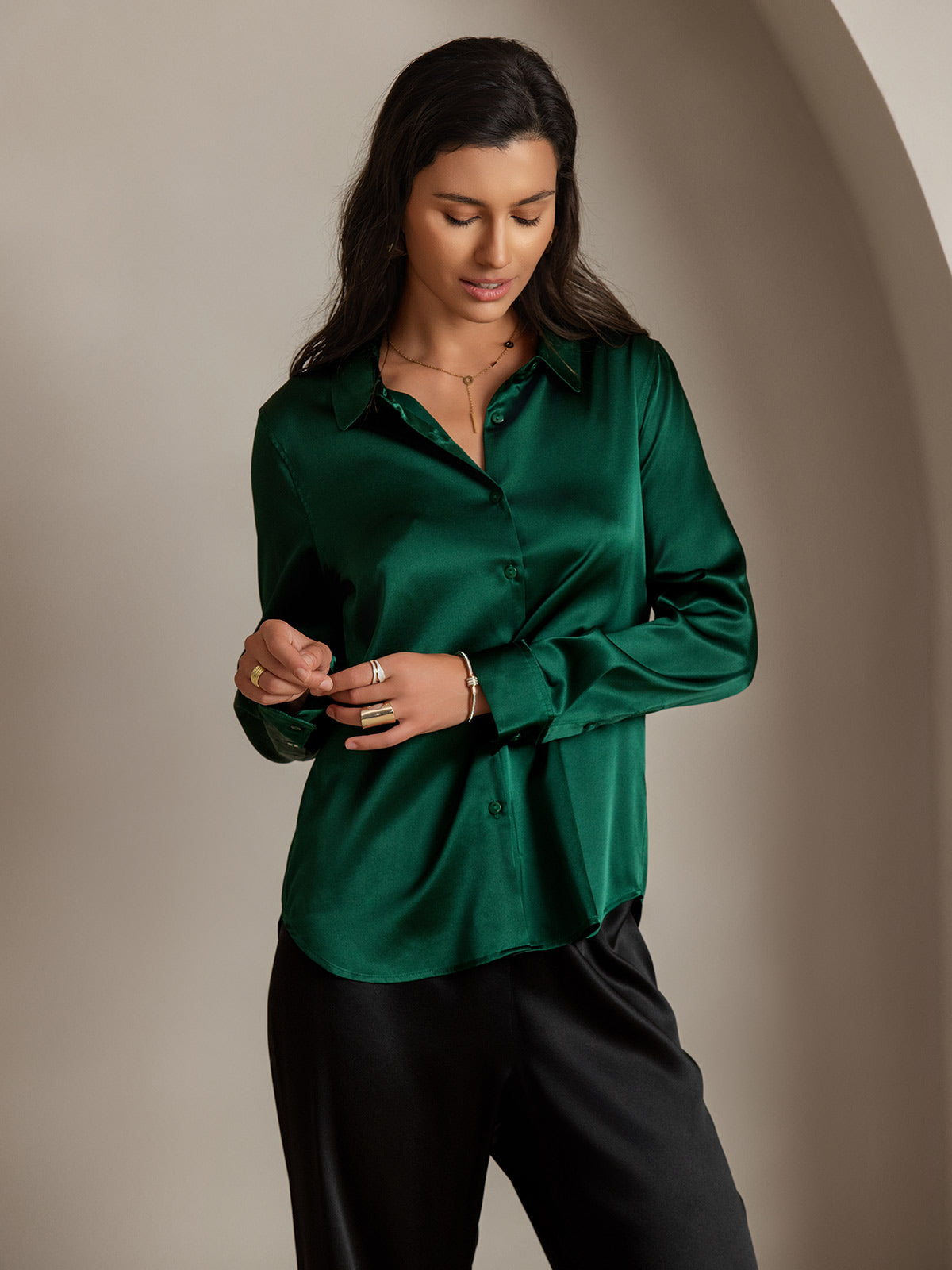 [Dark Green] SilkSilky-UK 19Momme Stretch Silk Charmeuse Long Sleeve Lapel Collar Women's Shirt 004