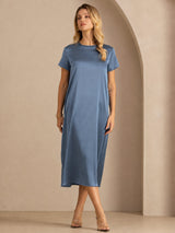 [Real Teal] SilkSilky-UK Short Sleeve Crew Neck Dress 003