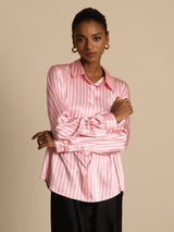 [Pink Stripe] SilkSilky-UK Long Sleeve Lapel Collar Women's Shirt 005