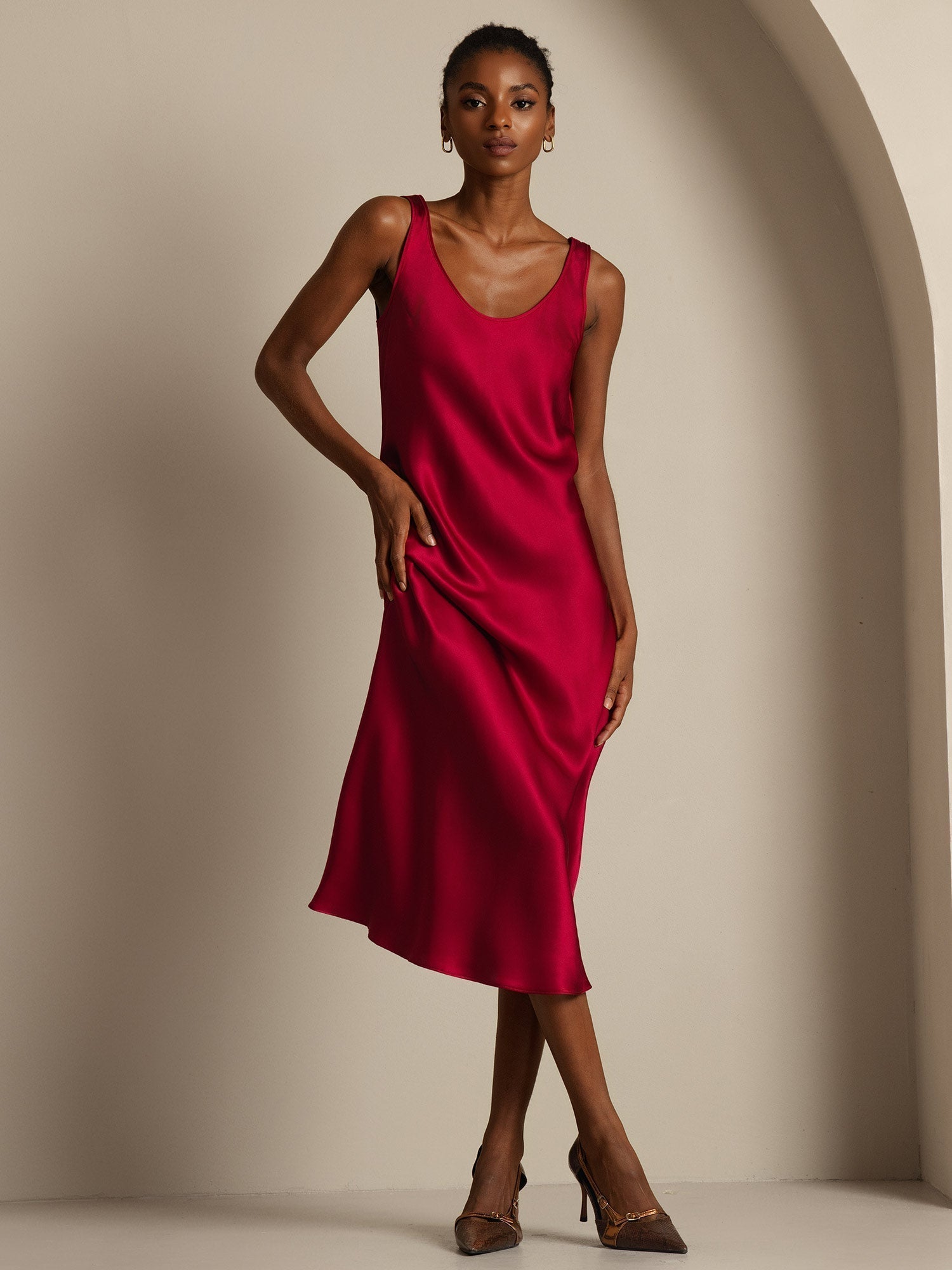 [Wine] SilkSilky-UK Pure Silk Boat Neck Dress 006,