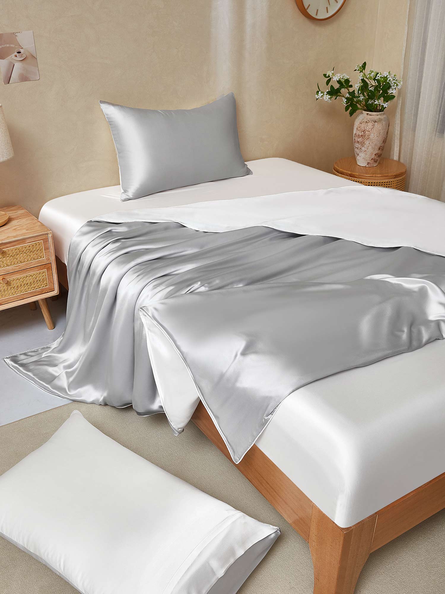 [LightGray+White] SilkSilky-UK 19Momme Pure Silk Bedding Set 001,