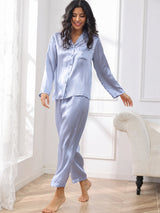[Steel Blue] SilkSilky-UK Long Sleeve Lapel Collar Women's Pyjamas 004