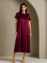 [Dark Red] SilkSilky-UK Short Sleeve Crew Neck Dress 001