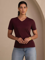 [Wine] SilkSilky-UK Short Sleeve V Neck Women's T-Shirt 004