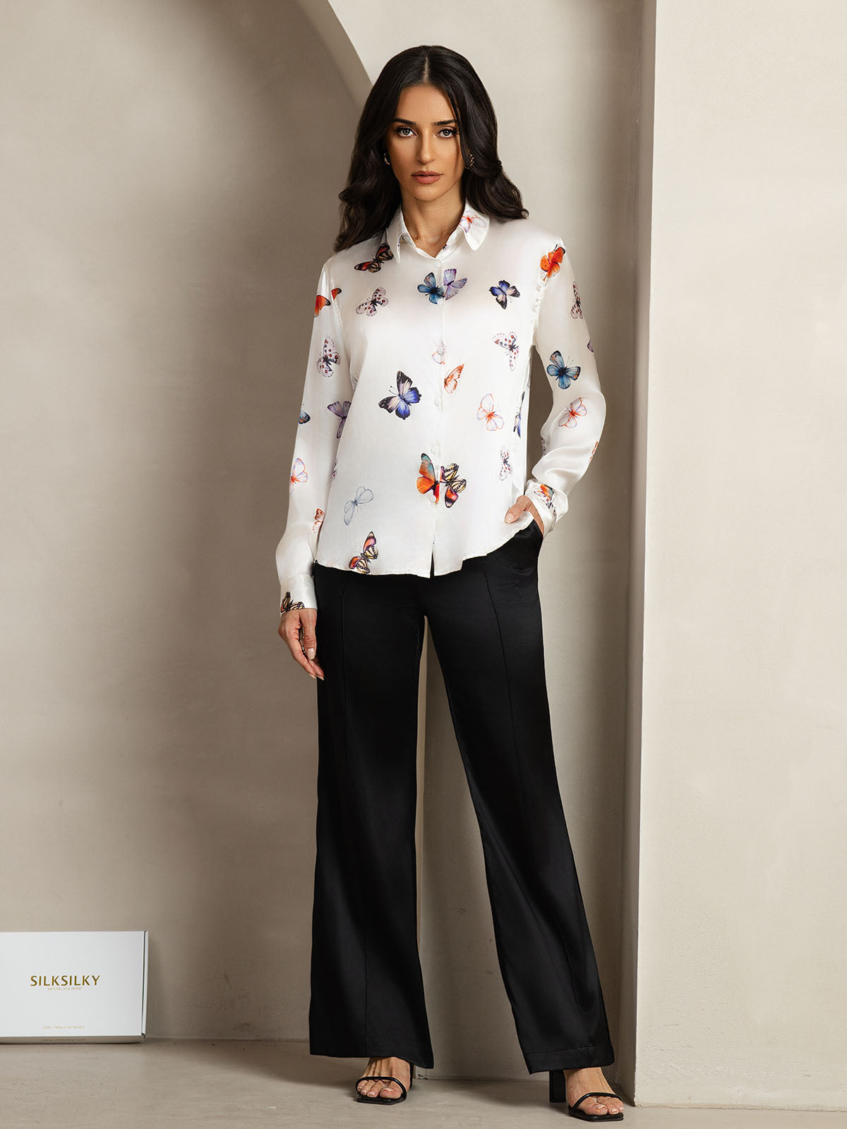 [White Butterfly] SilkSilky-UK Silk Collar Women's Shirt 003