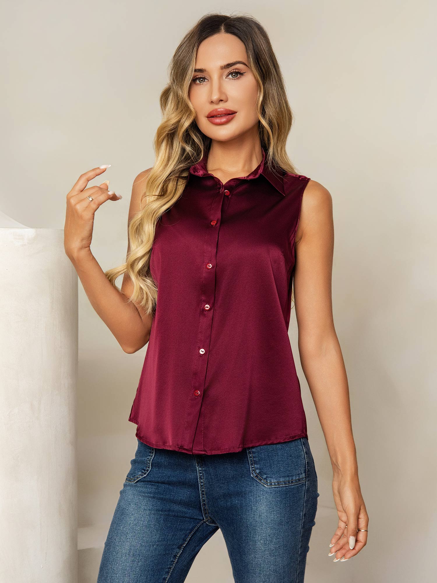 [Dark Red] SilkSilky-UK 19Momme Silk Collar Women's Shirt 001