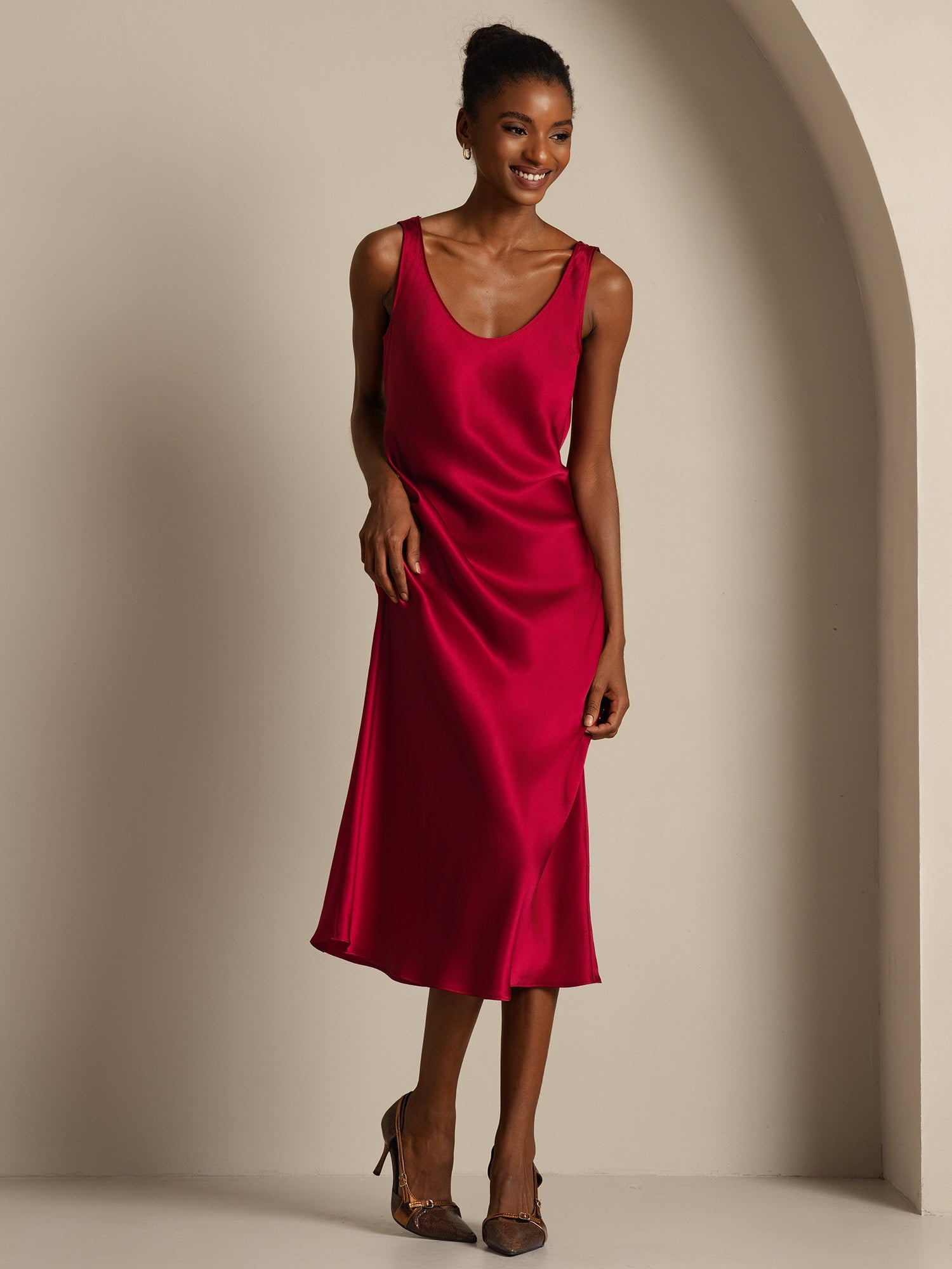 [Wine] SilkSilky-UK Pure Silk Boat Neck Dress 003,