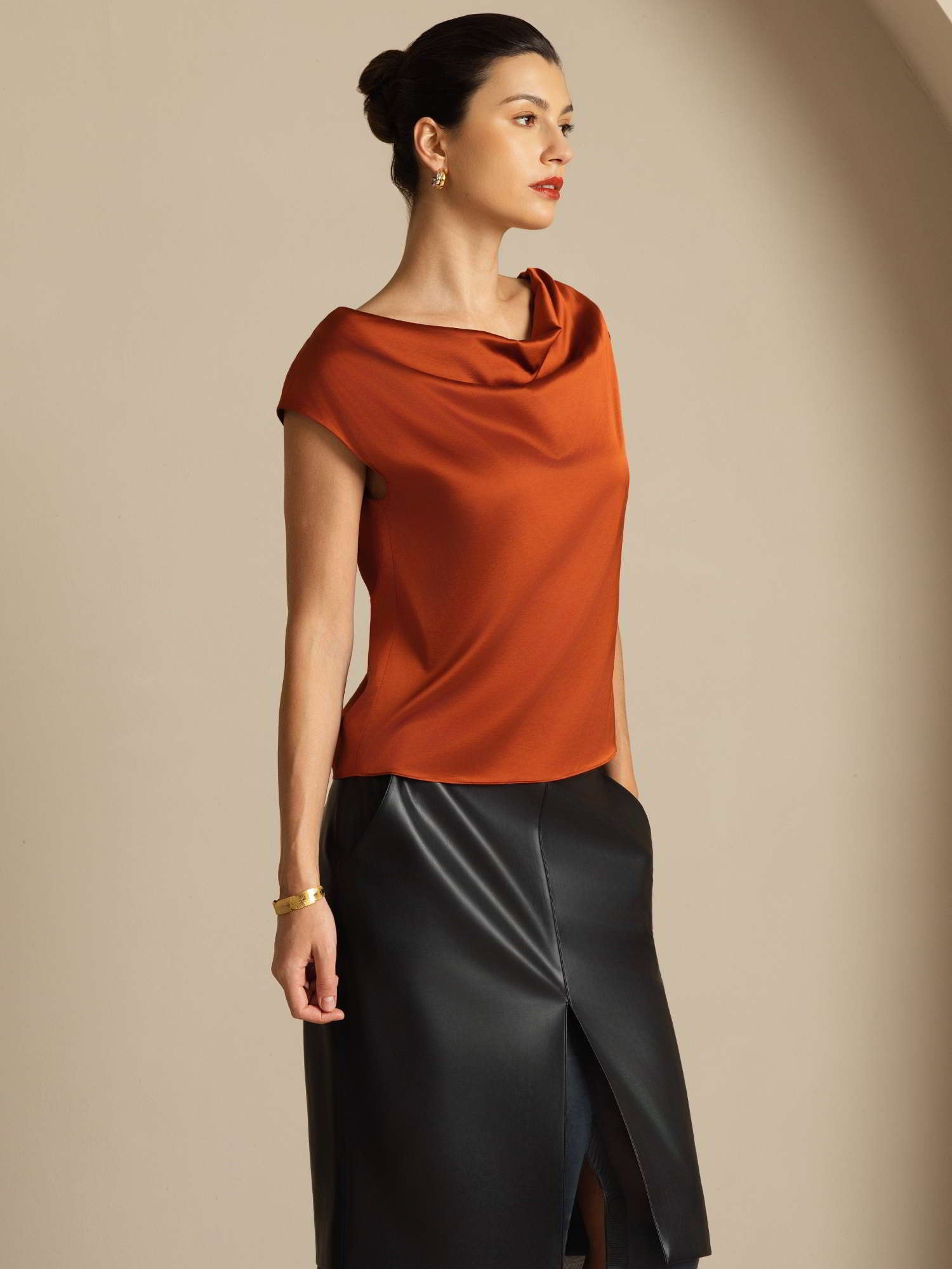 [Caramel] SilkSilky-UK 19Momme Silk Cap Sleeve Cowl Neck Women's T-Shirt 006