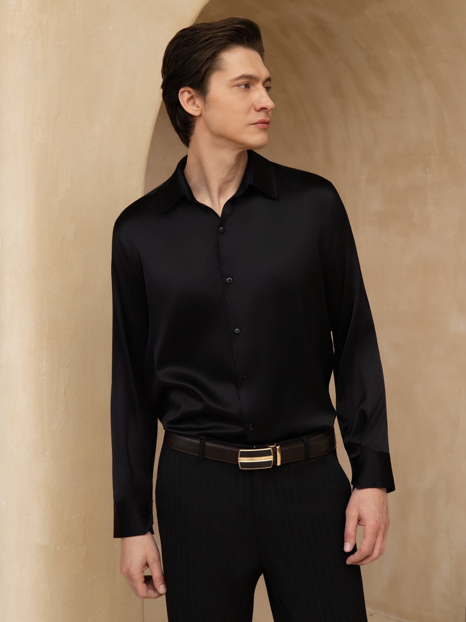 [Black] SilkSilky-UK 19Momme Stretch Silk Charmeuse Long Sleeve Lapel Collar Men's Shirt 004