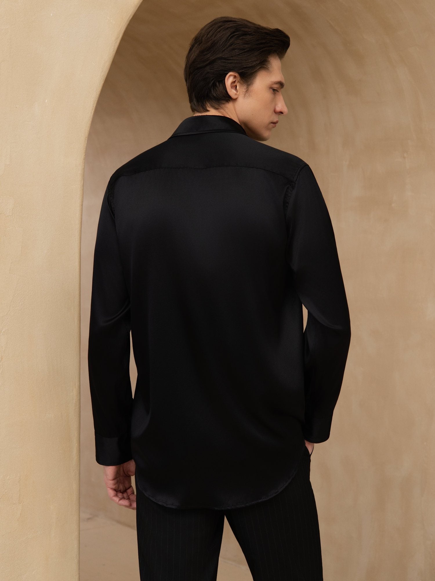 [Black] SilkSilky-UK 19Momme Stretch Silk Charmeuse Long Sleeve Lapel Collar Men's Shirt 002