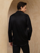 [Black] SilkSilky-UK 19Momme Stretch Silk Charmeuse Long Sleeve Lapel Collar Men's Shirt 002