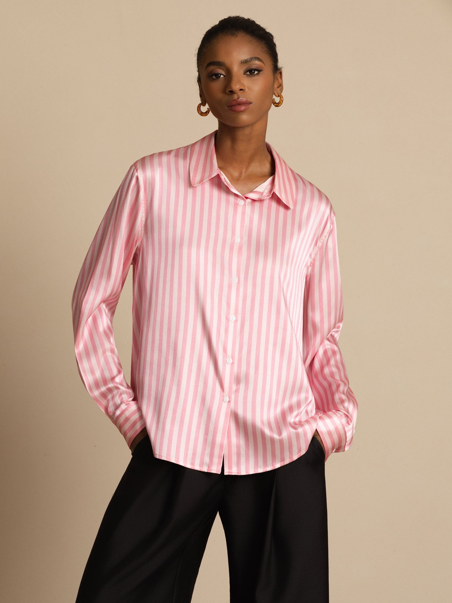 [Pink Stripe] SilkSilky-UK Silk Long Sleeve Collar Women's Shirt 001
