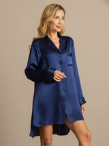 [Dark Blue] SilkSilky-UK Long Sleeve Lapel Collar Nightshirt 008